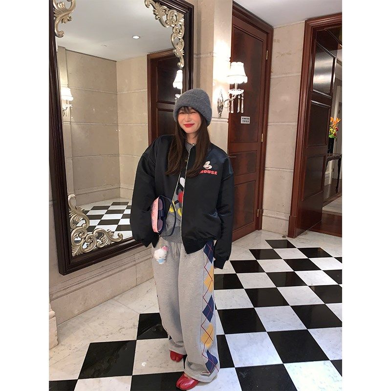 落落狷介灰色加绒卫裤女2024年新款冬季加厚保暖阔腿裤小个子裤子