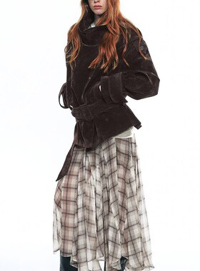 SINGLE MOMENT 25AW法式覆古植绒大立领短款双排扣系腰风衣外套女