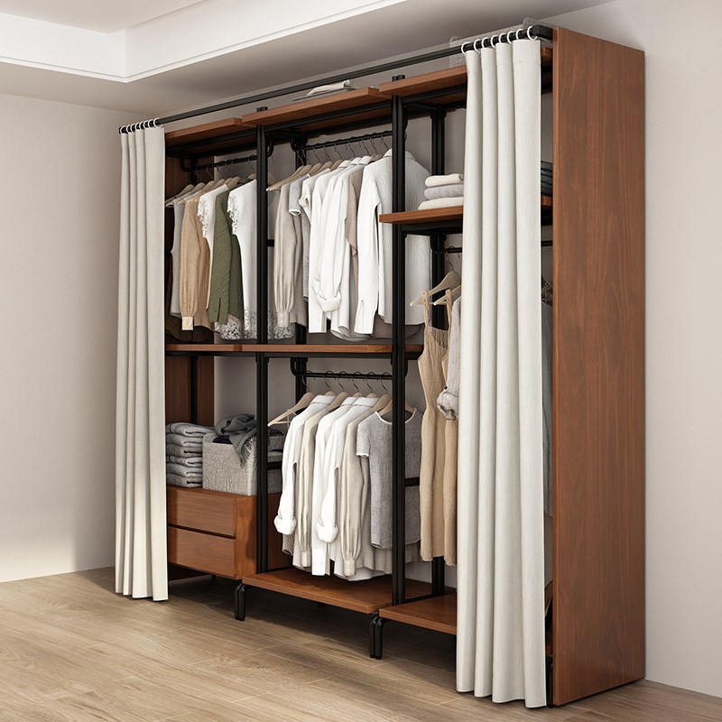 金属衣柜铁艺挂衣柜开放式衣架中古风衣帽间家用卧室落地实木衣橱