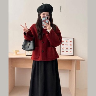 圣诞新年红色毛呢外套女冬季新款高级感小个子宽松短款呢子大衣