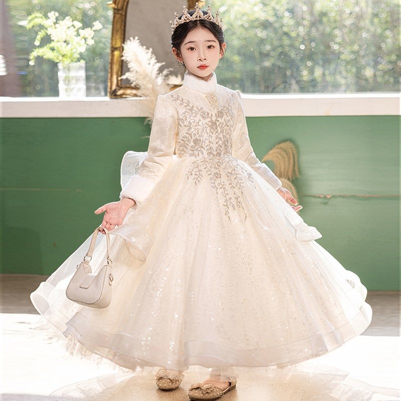 高端儿童晚礼服冬款加厚花童女童生日公主裙小主持人钢琴演出冬季