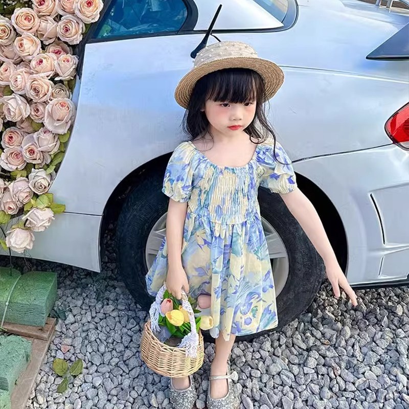 2024夏季花衬衫亲子装一家三口短袖海边度假法式母女装碎花连衣裙