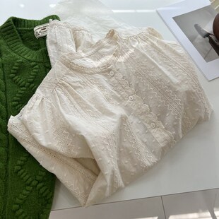 法式复古米白色花边领衬衫女秋冬宽松温柔气质小众内搭蕾丝衫上衣