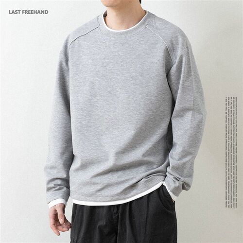 LFH写意 重磅假两件长袖T恤男春季日系宽松休闲圆领卫衣打底衫
