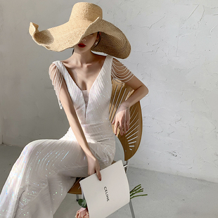 晚礼服夏季高端宴会2024新款女轻奢小众肩流苏鱼尾长裙主持人亮片