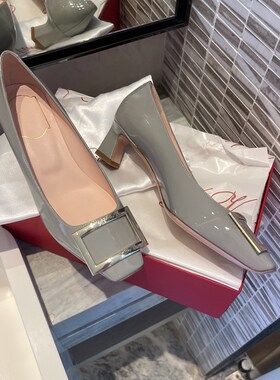 蓝灰色真皮高跟鞋2025春季新款女鞋浅口粗跟方扣单鞋方头大码舒适