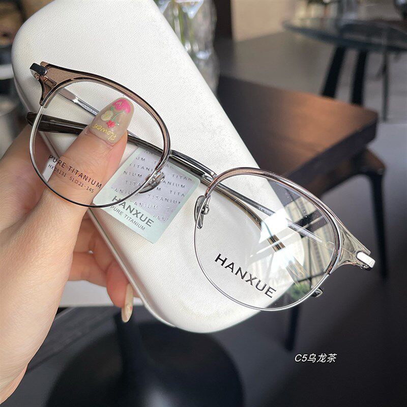 超轻纯钛冷茶色复古半框眉毛眼镜框男可配变色近视眼睛镜架女8131