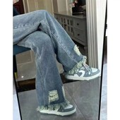 高街复古牛仔裤 女春秋胖妹妹大码 高腰显瘦裤 美式 子破洞毛边阔腿裤