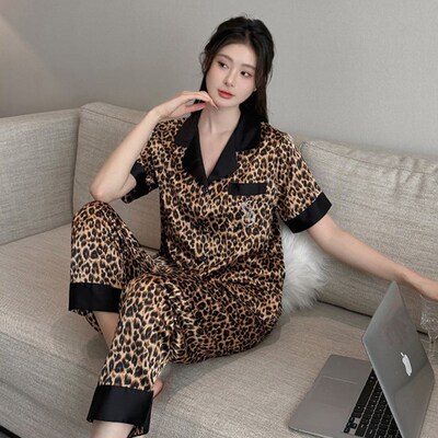 豹纹睡衣女夏冰丝绸时尚卡通网红短袖长裤套装拼色外穿薄款家居服