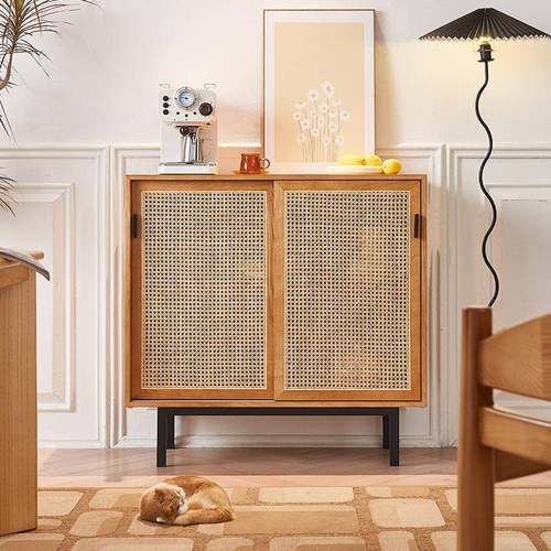 白蜡木餐边柜新中式家用小户型藤编双门边柜餐厅餐具置物柜双层