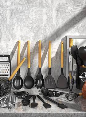 黑色房木柄TXK硅胶厨具4件套耐4高温不粘锅硅胶铲勺食品级具厨工