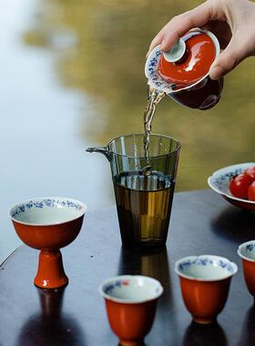 陶瓷盖碗功夫字茶具二碗碗茶初见巩红色釉手写盖EYD碗才茶碗小号