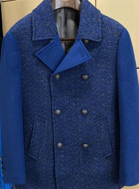 秋冬中长蓝色粗花呢子大衣双排扣时尚修身西装领纯色风衣外套D34
