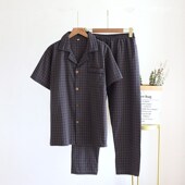 家居服套装 睡衣男夏季 水洗棉短袖 长裤 纯棉格子日系大码 宽松薄款