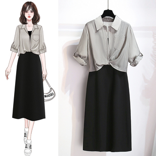 胖mm遮肚子 新款 黑色吊带连衣裙外搭防晒衬衣罩衫 两件套女2025夏装