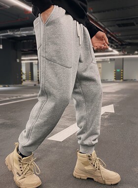 撞色线灰色运动裤男宽松束脚韩版休闲加绒加厚纯棉重磅秋冬长卫裤