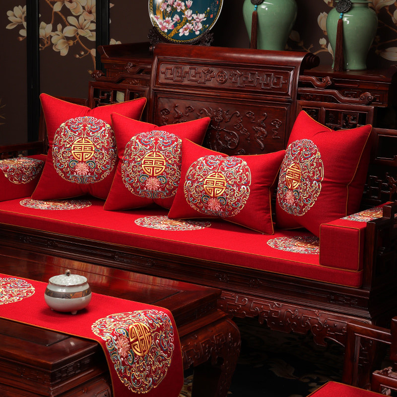 中式红木沙发垫实木家具坐垫带靠背罗汉床加厚座垫定制套防滑亚麻