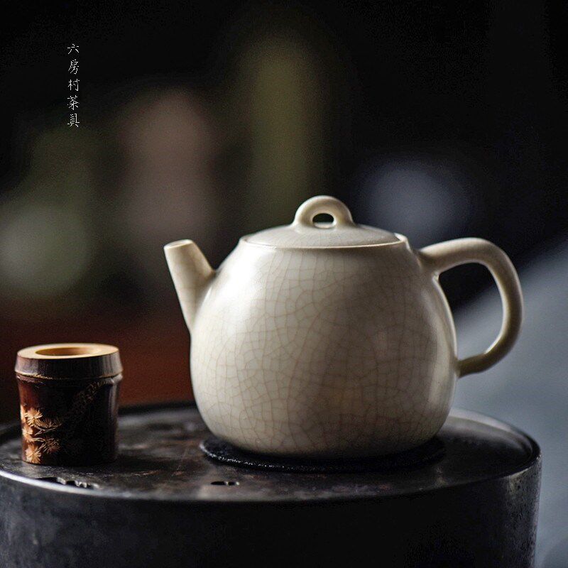 梵山堂苏打釉老岩泥泡茶壶侧把陶壶茶具白色梨形小壶可养开片陶壶