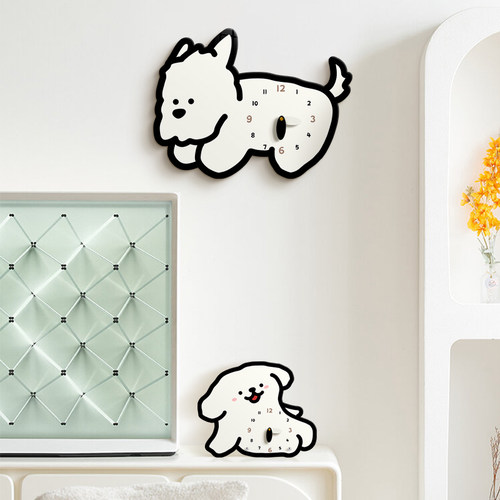 创意卡通线条小狗钟表挂钟奶油风客厅时钟挂墙家用餐厅静音挂表