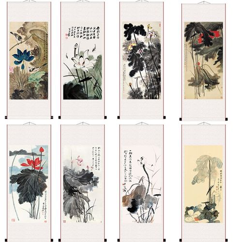 张大千水墨荷花国画名人办公室中式挂画家居装饰画客厅书房卷轴画