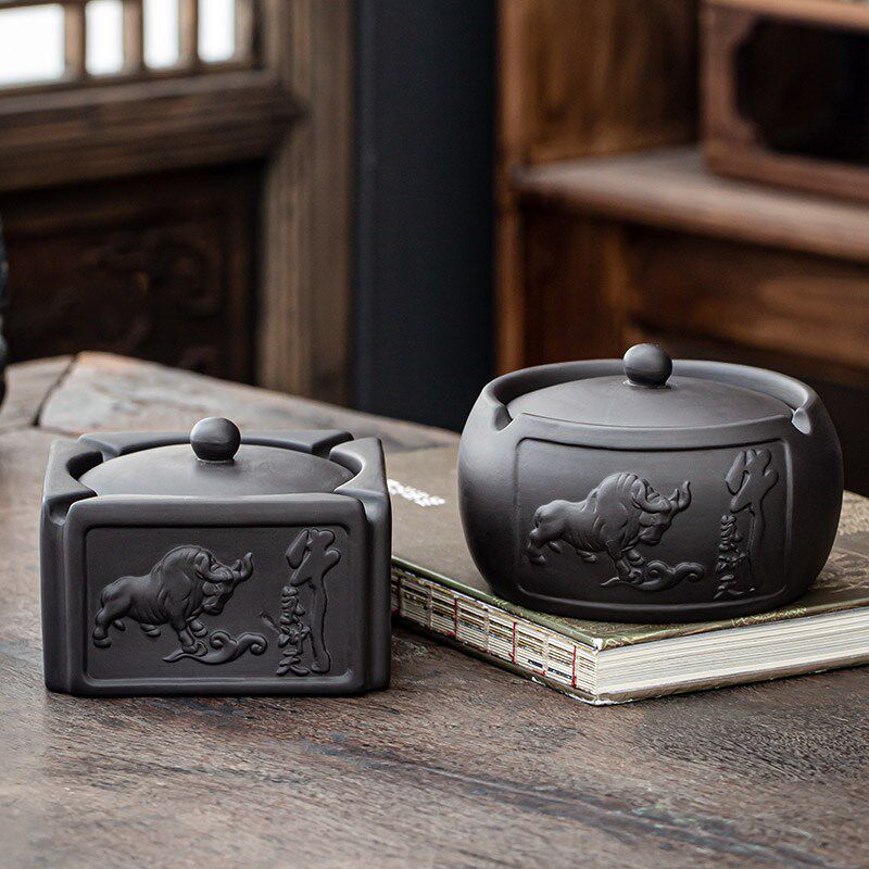 豪跃紫砂牛气冲天烟灰缸办公家用带盖防风客厅卧室创意时尚烟缸