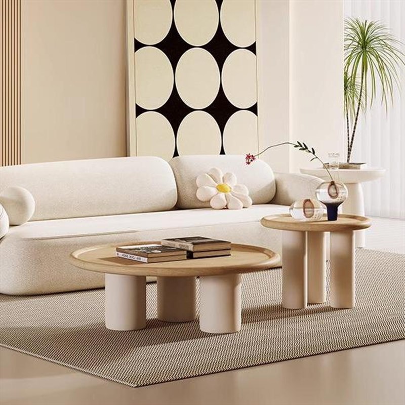 现代简约家用客厅小户型奶油风茶几圆形极简原木风茶几创意边几