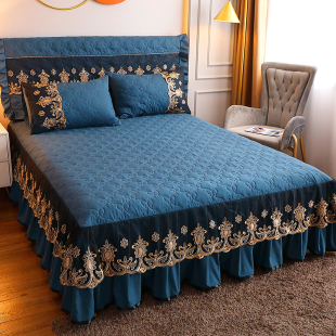欧式 单件床罩加棉床套床头罩床围 蕾丝刺绣花边纯色夹棉加厚床裙式