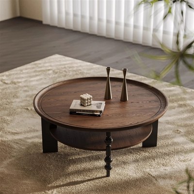 法式复古实木设计师圆形茶几客厅家用小户型中古风矮桌子双层茶几