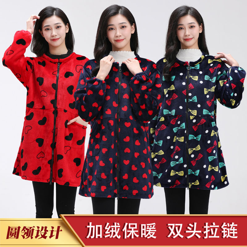 冬季新款加绒保暖罩衣女士拉链工作服圆领外套韩版时尚长袖围裙