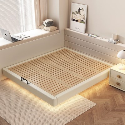 奶油风齐边悬浮床架无床头床简约现代榫卯结构榉木排骨架床无靠背