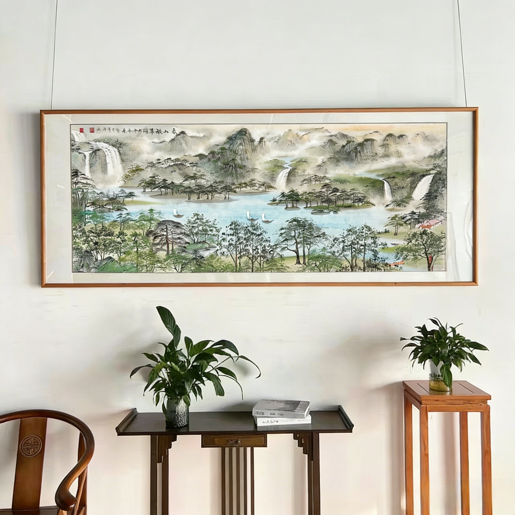 中式山水国画横幅 手绘装饰画客厅书房挂画 办公室绿色风景画带框