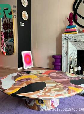 荷兰艺术家创意油彩餐桌茶YBR12-15几玻奢璃画钢轻绘彩绘圆形茶几