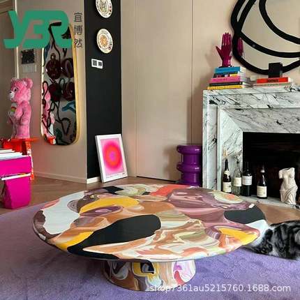 荷兰艺术家创意油彩餐桌茶YBR12-15几玻奢璃画钢轻绘彩绘圆形茶几