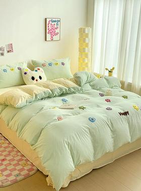 A类纯婴幼水儿级洗棉四件床品可爱毛巾套绣棉三件套床单被套42024