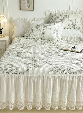 全棉夹棉加厚床mB2507051裙纯棉蕾丝花边床园罩151.8米田风防滑.