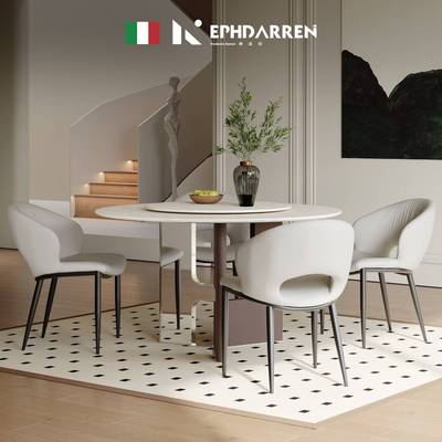 德利丰意式轻奢洞石岩板餐桌不锈钢客厅家用小户型圆形高端饭桌