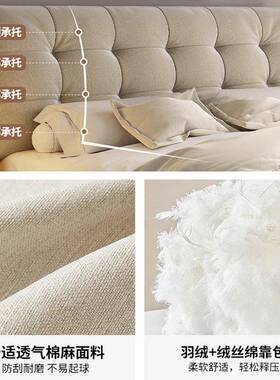 简奶油风云朵棉泡芙麻软靠布艺床代约双人齐边床小XFR户型主卧现