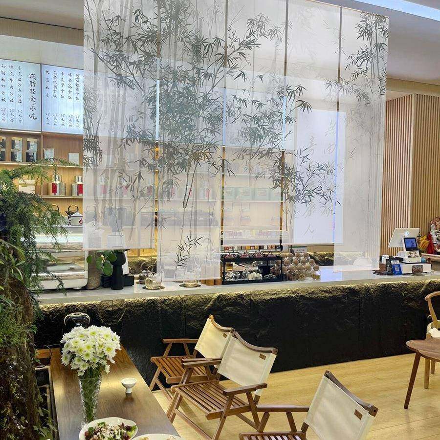 定制景竹子纱幔布新中式风格装饰背布茶馆餐YLP厅布置半透纱挂隔
