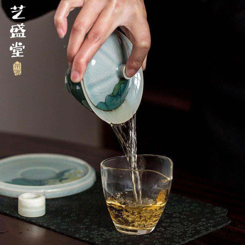 家直供绘厂冰裂彩荷花斗笠盖碗SZB家用泡茶碗手釉下开片可养盖碗