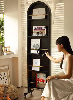 式杂法志架全身镜木可移动复中古黑色实旋书转PTH架落地穿衣镜子