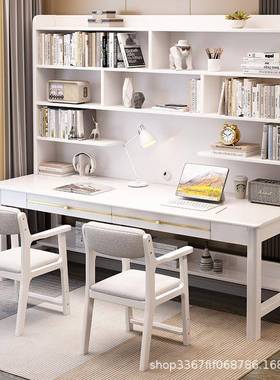 实木用电桌简约功28754书桌书架一体组脑合多能家双人写字桌书房办公桌