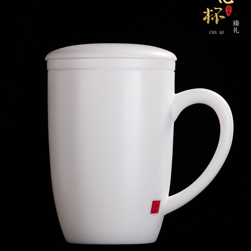 张国进手造白瓷办公室水杯家用陶瓷杯子带盖中式羊脂玉高档茶杯