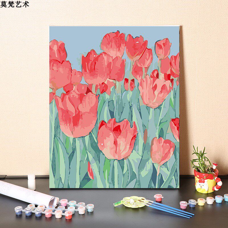 数字油画diy手工填充花团锦簇郁金香花卉高贵喜悦涂色丙烯油彩画