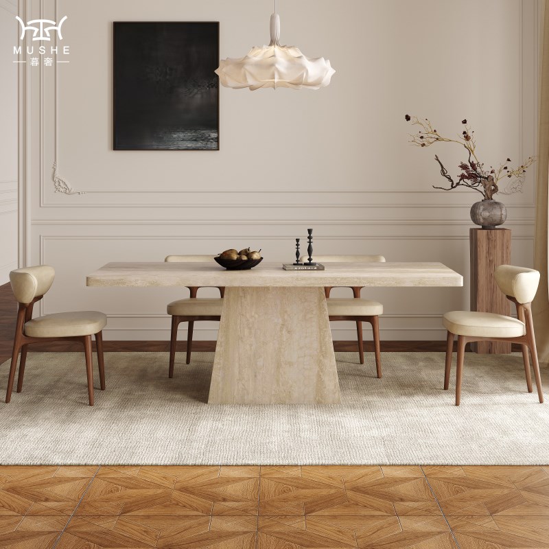 暮奢法式洞石岩板餐桌现代简约中古风长方形餐桌设计师家用小户型