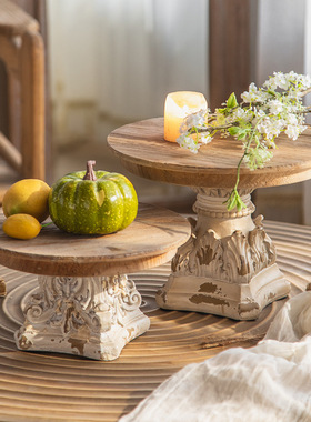 实木圆形底座复古田园雕刻工艺品摆件原木托架茶盘果盘香薰托盘