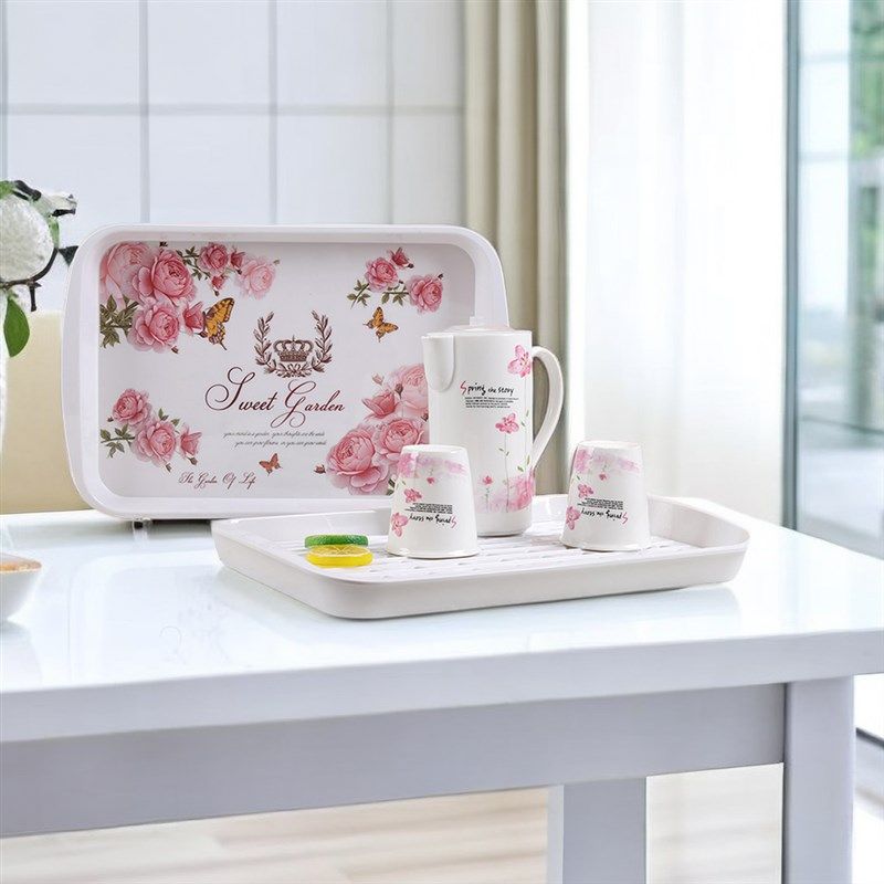 新运隆 托盘家用放水杯欧式密胺塑料长方形创意水果点心 沥水茶盘