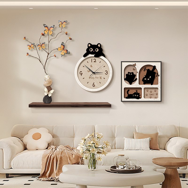 奶油风客厅装饰画带钟表组合新款沙发背景墙挂画餐厅壁画猫咪时钟