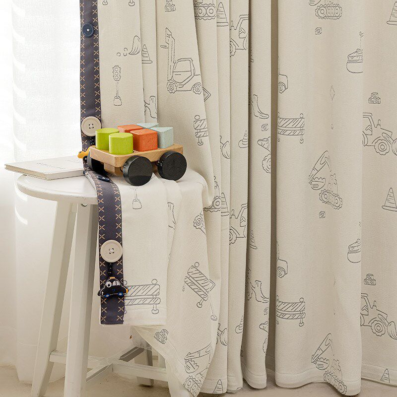 儿童房男孩卧室窗帘遮光雪尼尔卡通黑白提花飘窗定制窗纱工程车