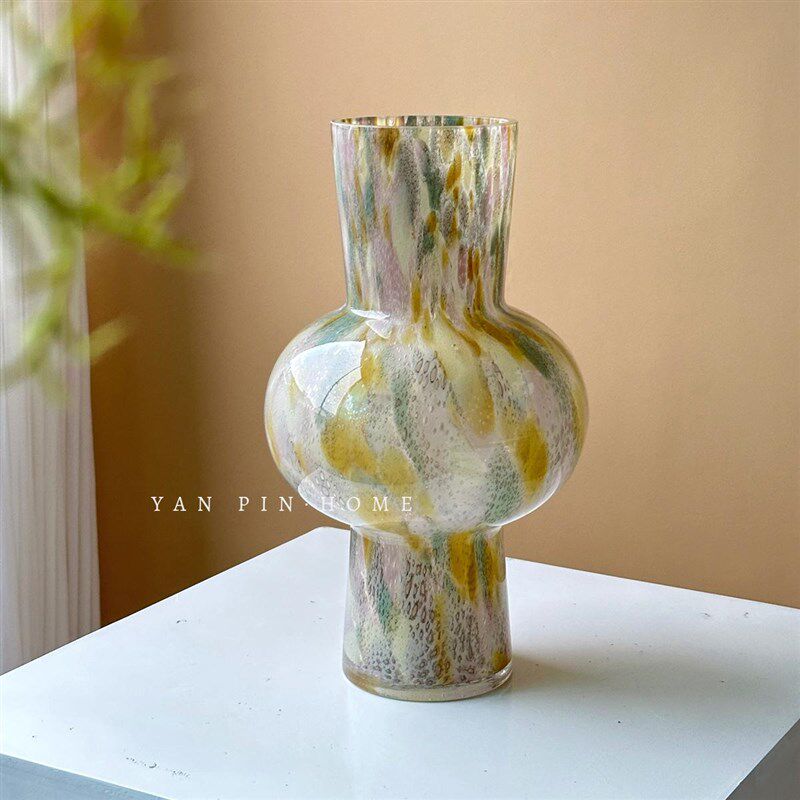 中古琉璃花瓶法式复古鲜花器皿客厅插花装饰摆件侘寂风玻璃花器