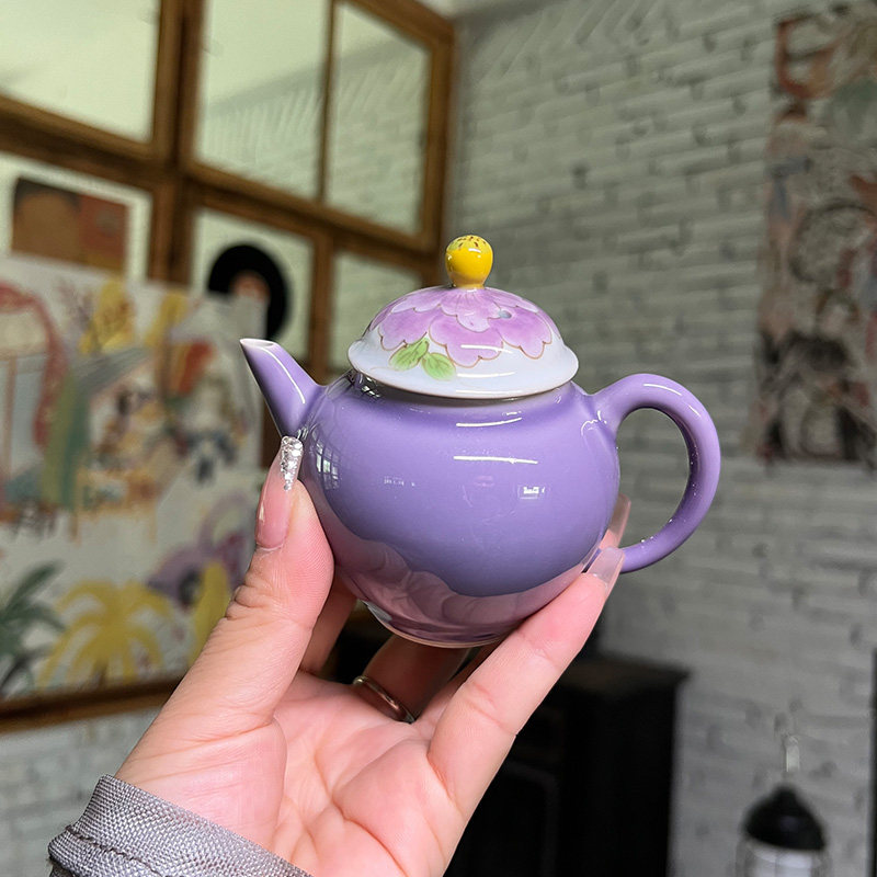 紫手绘茶壶小品壶礼品手工陶瓷梨形壶仿古功夫茶具防烫泡茶壶